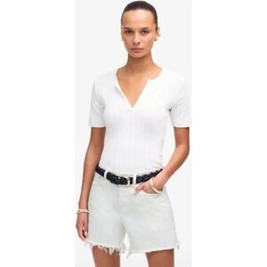 Madewell Pointelle White Ribbed V Neck Short Sleeve Top‎ Size Small